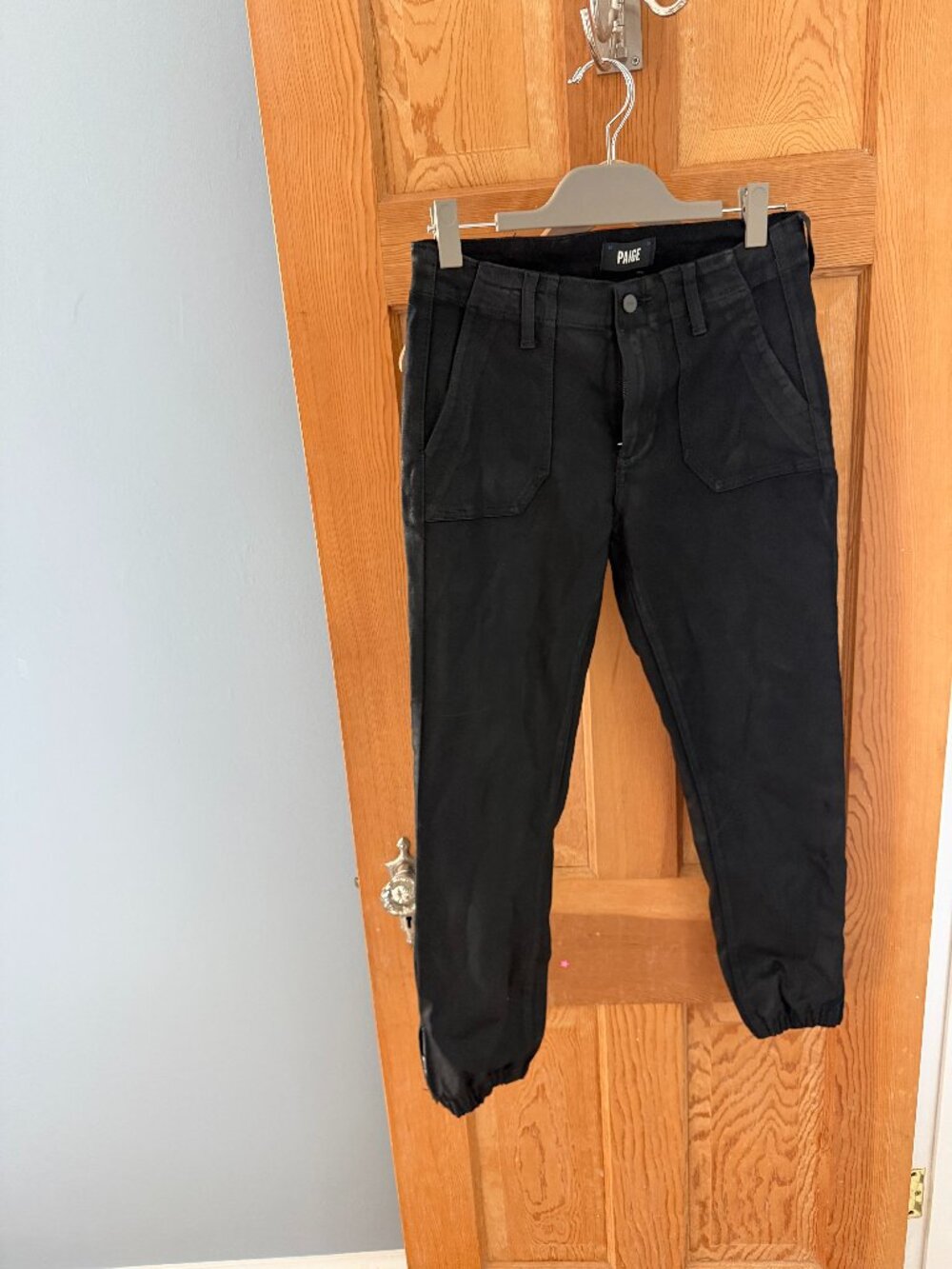 PAIGE Mayslie coated denim jogger pants in Black Fog, women’s size 28.